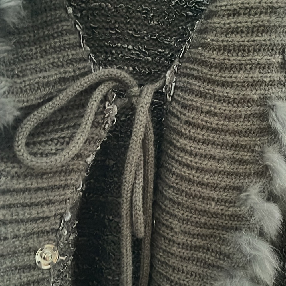 [2XL]Sioni Snap Button Rabbit Fur Trim Mixed Texture Cardigan - Picture 7 of 13